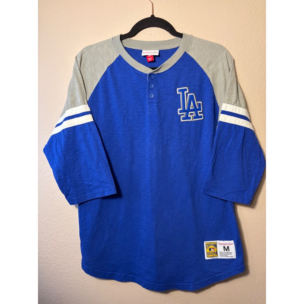 Mitchell & Ness LA Dodgers Henley Shirt Mens Medium Blue Gray Cooperstown MLB